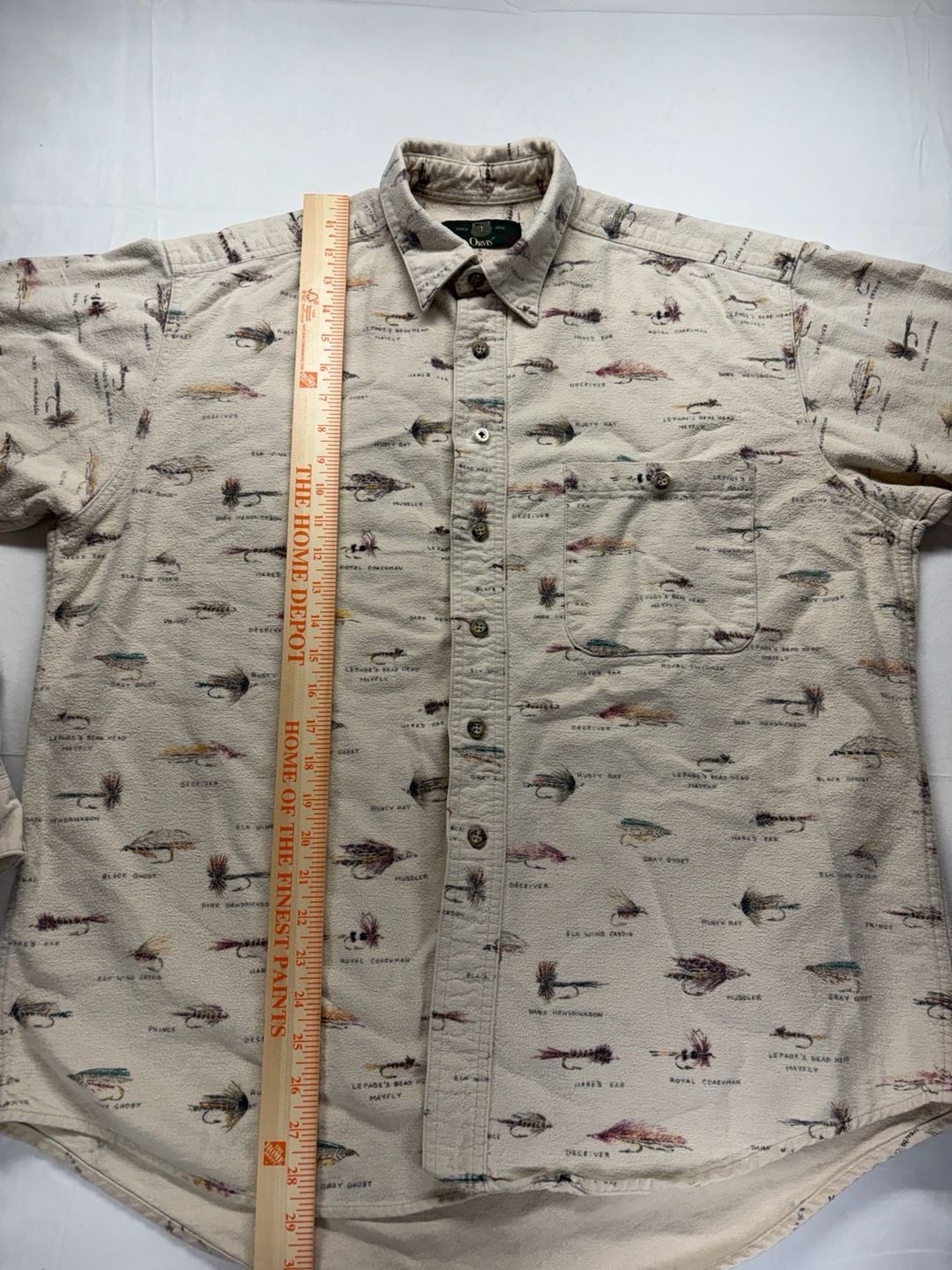 Orvis Fly Fishing Lures Print Shirt Size L Cream Cotton Button-Down 8