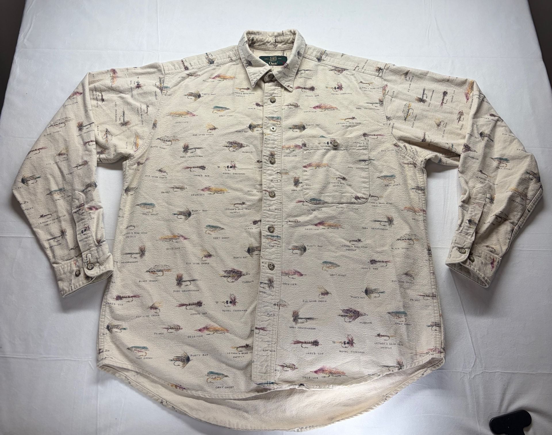 Orvis Fly Fishing Lures Print Shirt Size L Cream Cotton Button-Down 3