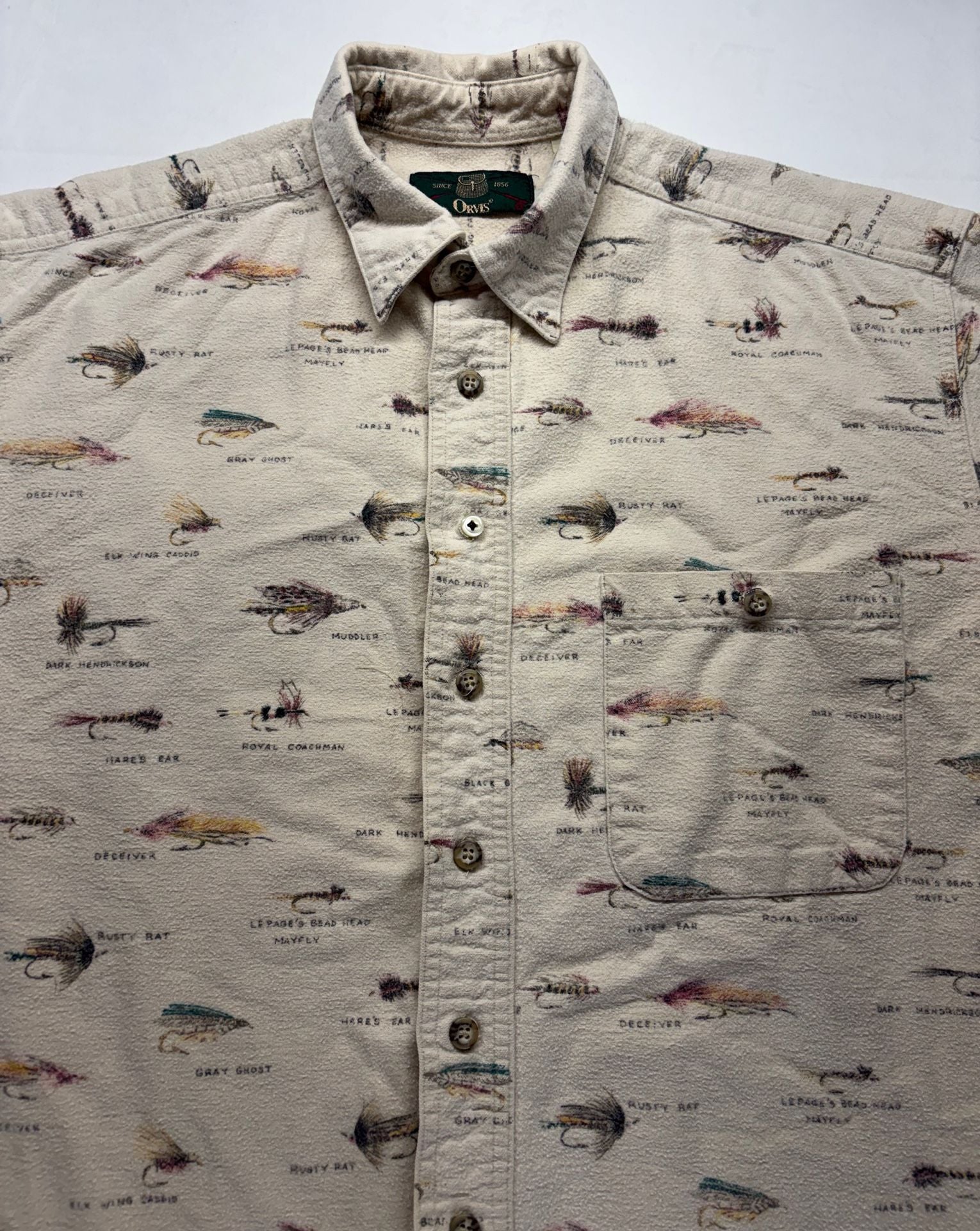 Orvis Fly Fishing Lures Print Shirt Size L Cream Cotton Button-Down 2