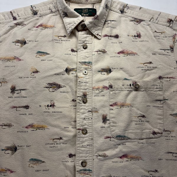 Orvis Fly Fishing Lures Print Shirt Size L Cream Cotton Button-Down