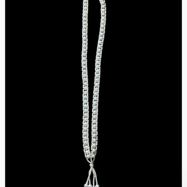 Vintage Faux Pearl Tassel Lariat Necklace White Beaded Flapper Jewelry