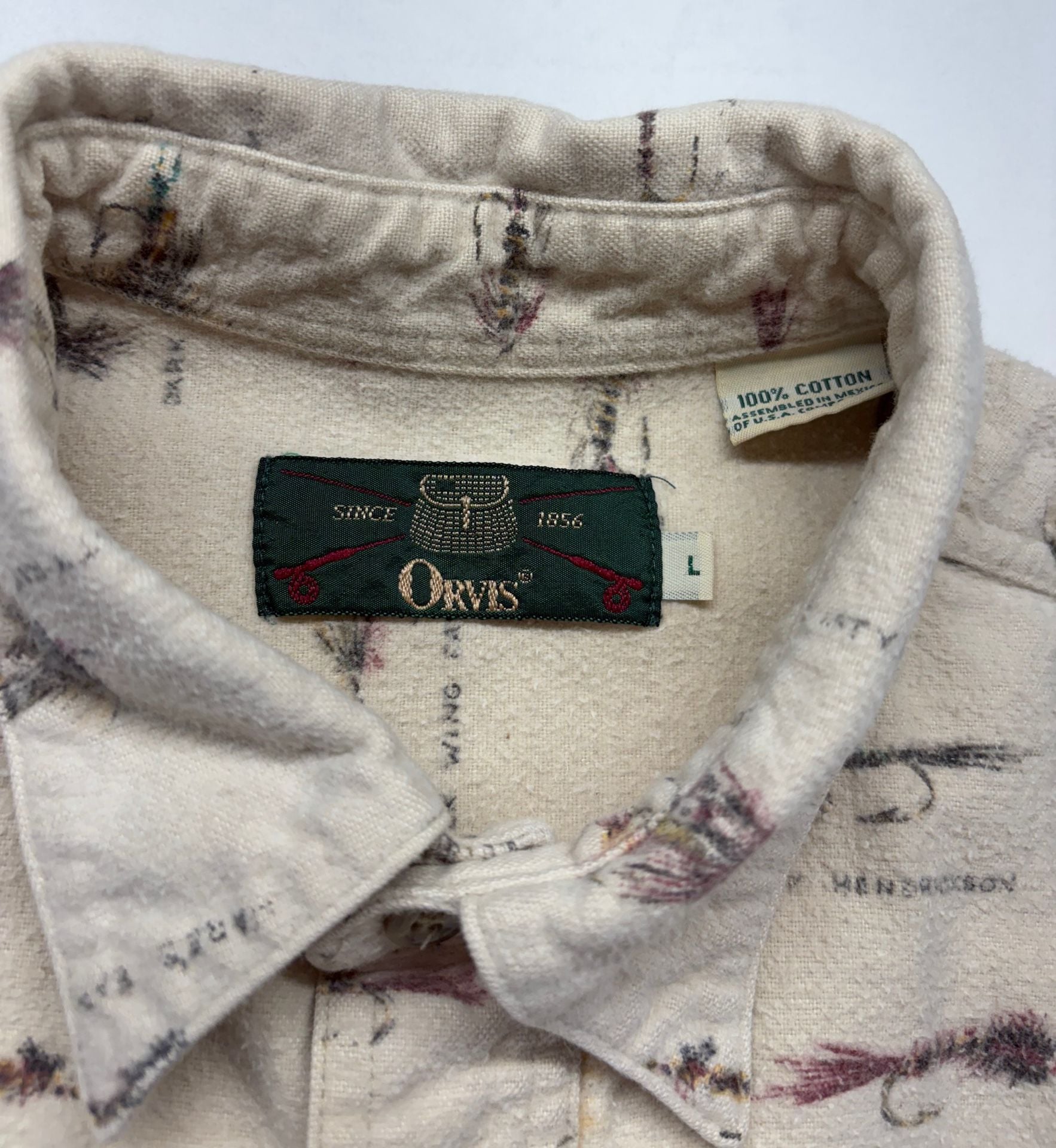 Orvis Fly Fishing Lures Print Shirt Size L Cream Cotton Button-Down 5