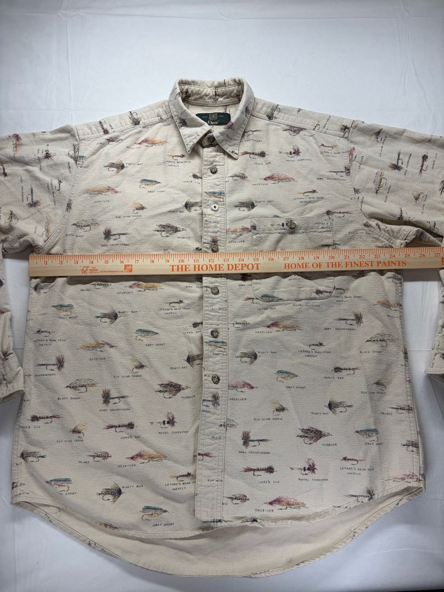 Orvis Fly Fishing Lures Print Shirt Size L Cream Cotton Button-Down 7