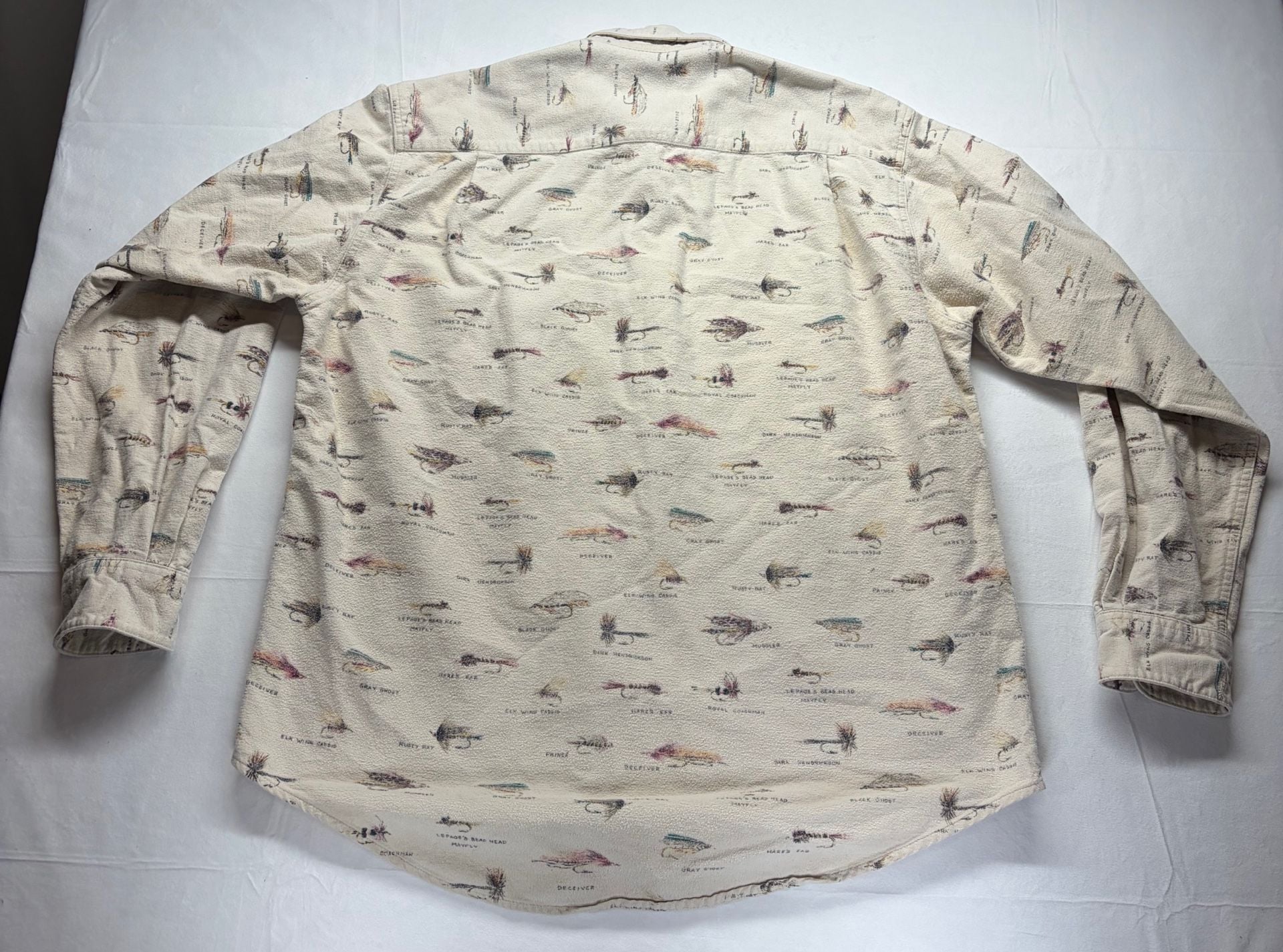 Orvis Fly Fishing Lures Print Shirt Size L Cream Cotton Button-Down 10