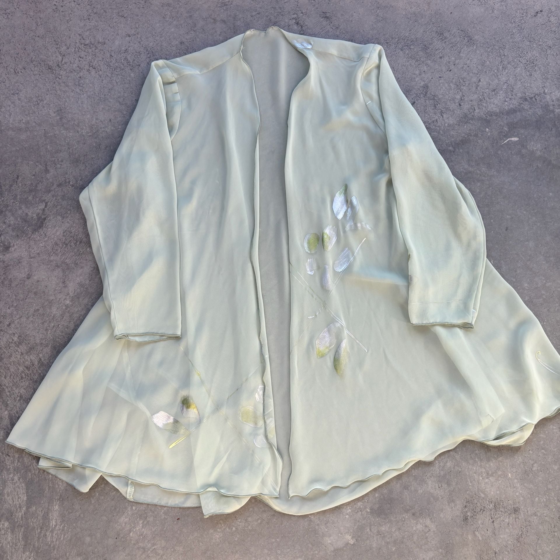 1990’s Vintage Sage Green Chiffon Open Shear Cardigan Floral Size M/L 2