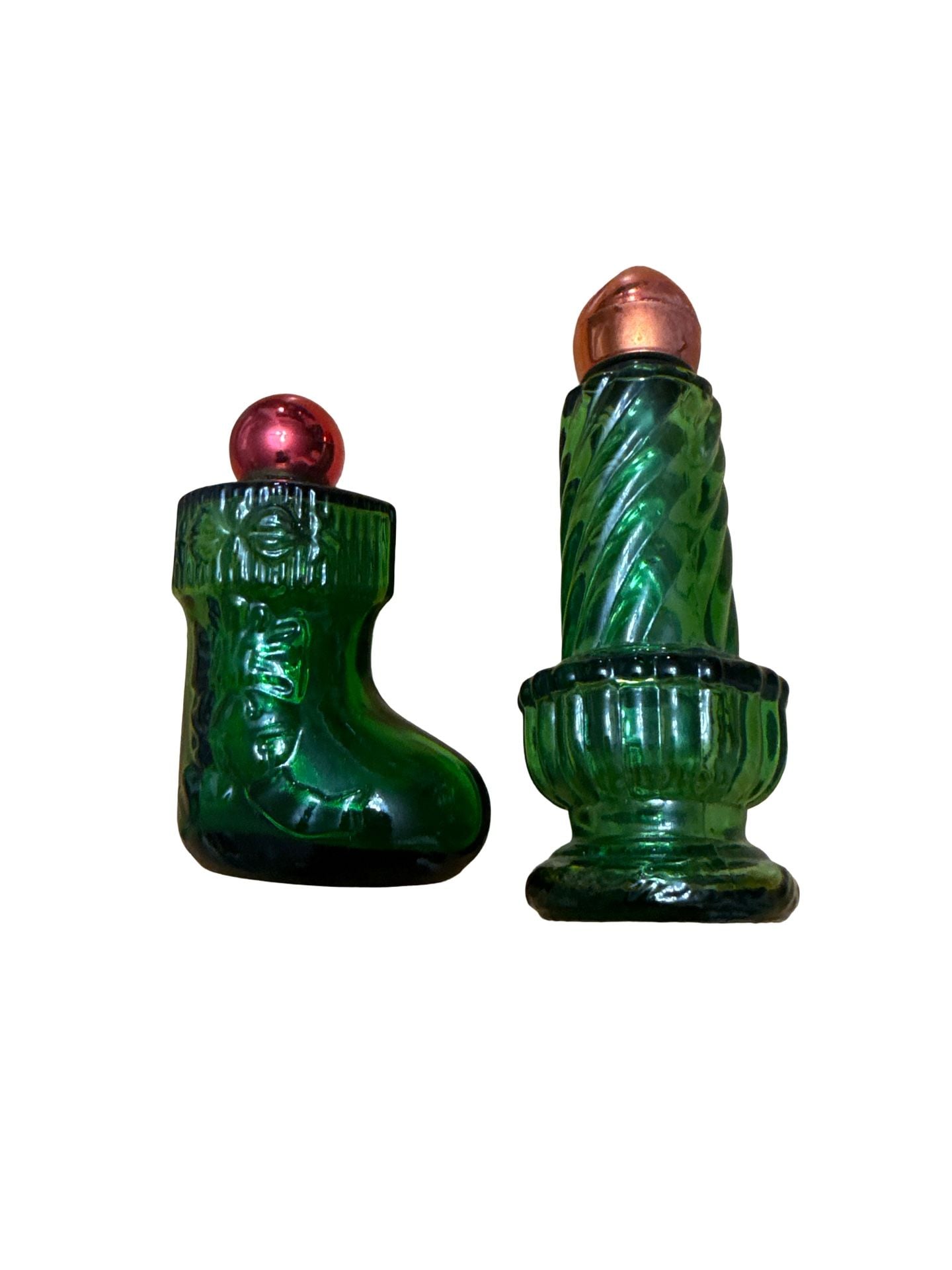Avon Vintage Green Glass Christmas Candle And Boot Cologne Bottles Pair 1