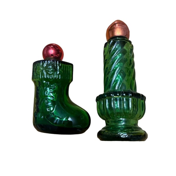 Avon Vintage Green Glass Christmas Candle And Boot Cologne Bottles Pair