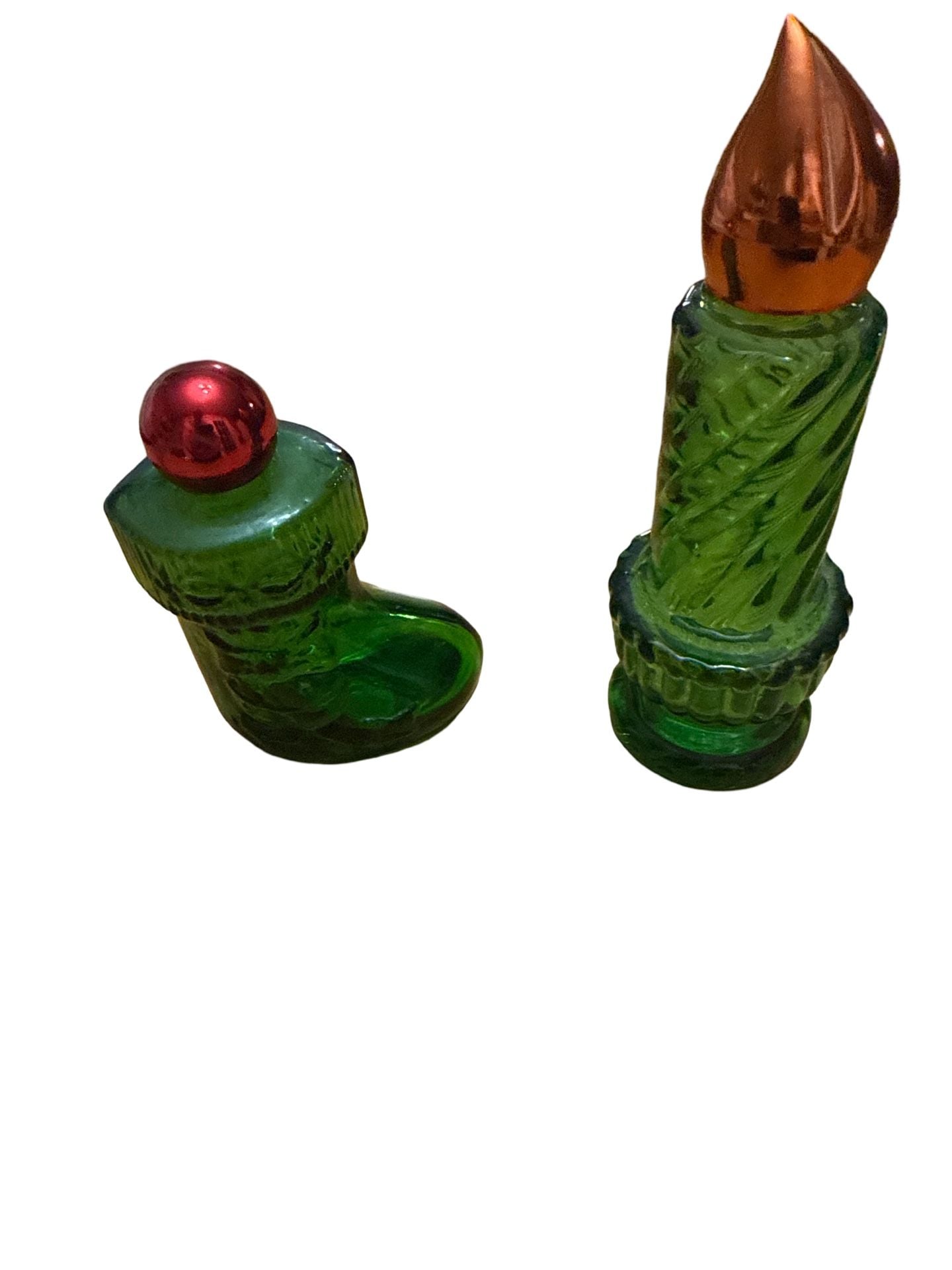 Avon Vintage Green Glass Christmas Candle And Boot Cologne Bottles Pair 2
