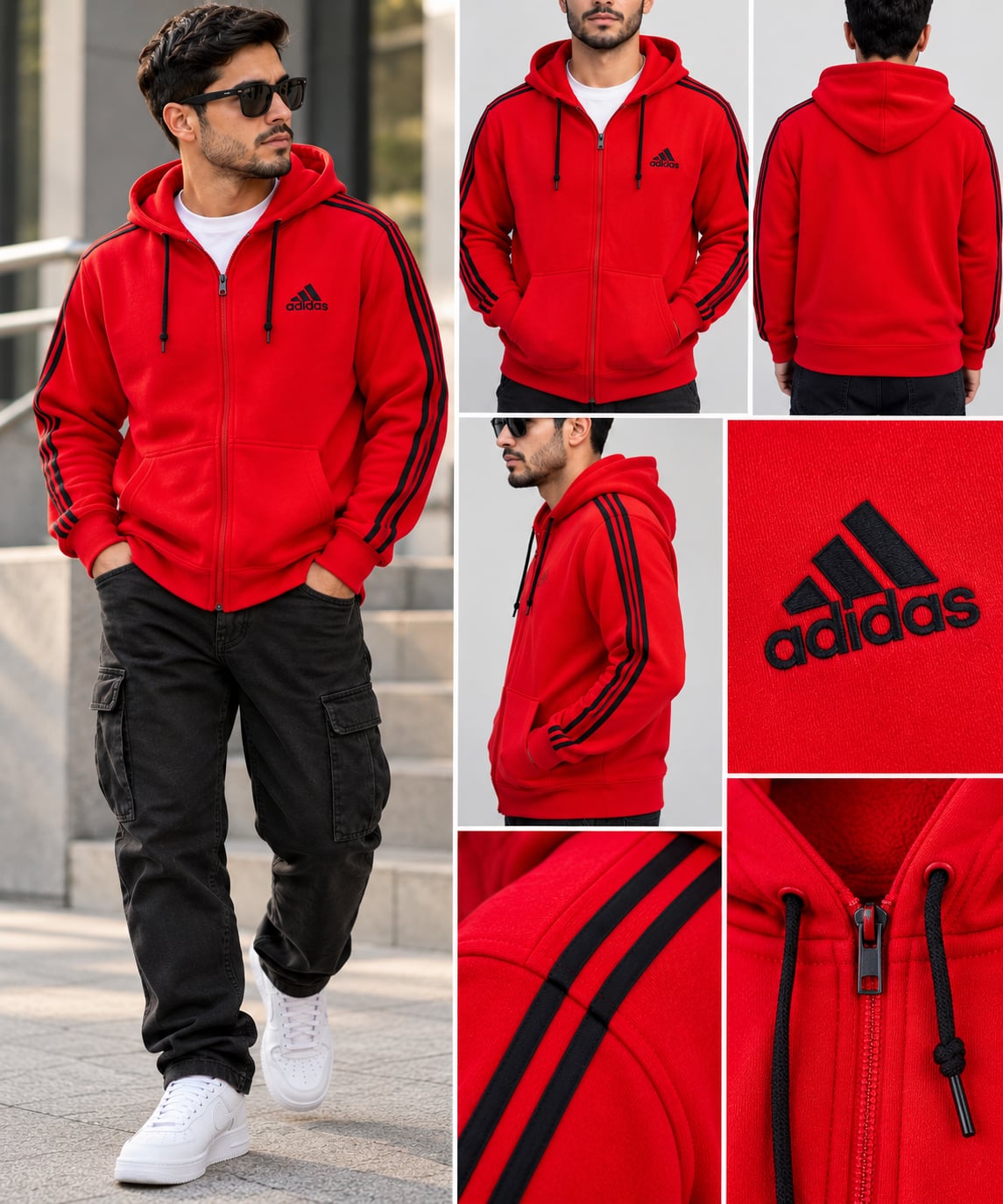 adidas Essentials 2- Stripes Fleece Hoodie - Red 2