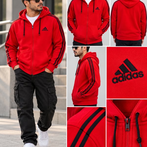 adidas Essentials 2- Stripes Fleece Hoodie - Red