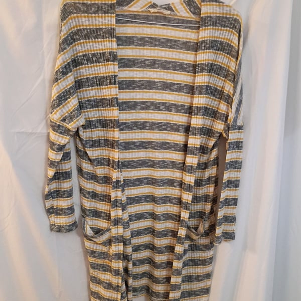LuLaRoe Sarah Long Cardigan Gray Yellow Striped Open Front Pockets