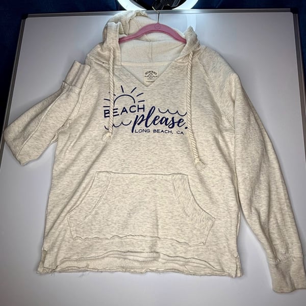 Ocean Beach Hoodie Size XL Beach Please Long Beach CA Cream Raw Edge