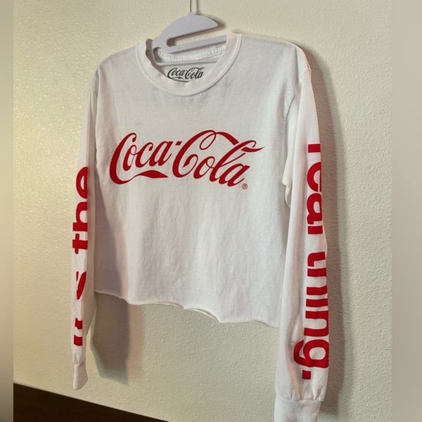 Coca-Cola Long Sleeve Crop Top Size S White Real Thing