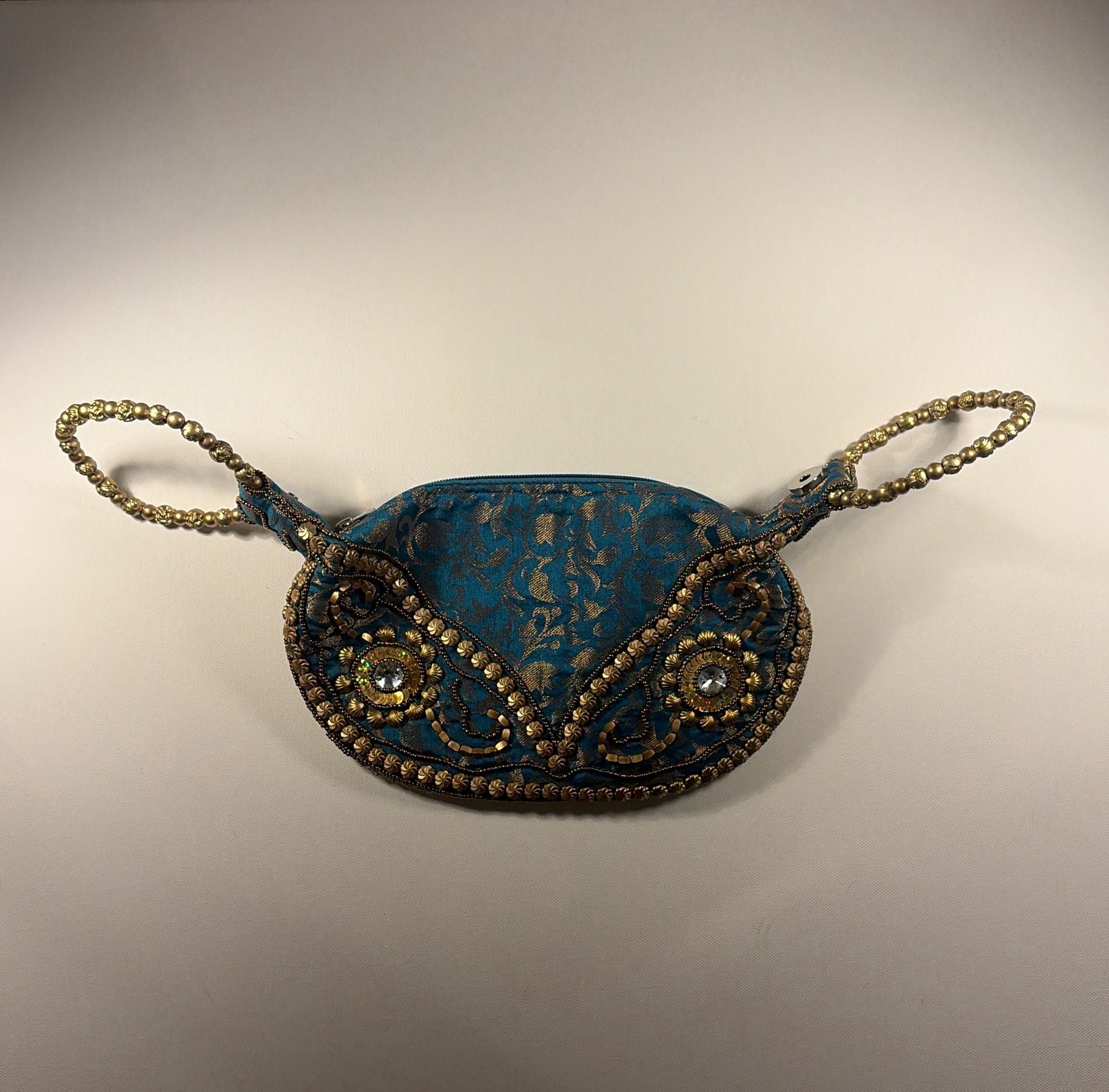 Handmade Beaded Brocade Fortune Cookie Evening Purse Teal Gold 1