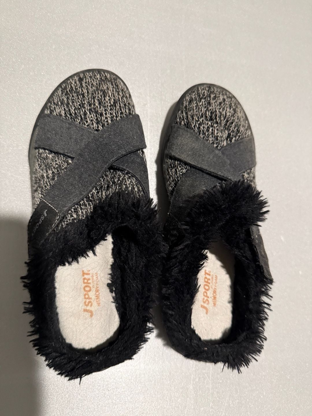 J Sport Slippers Black Memory Foam Faux Fur Cross Strap 2