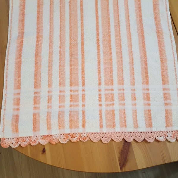 Vintage Orange and White Striped Cotton Hand Towel with Crochet Edge