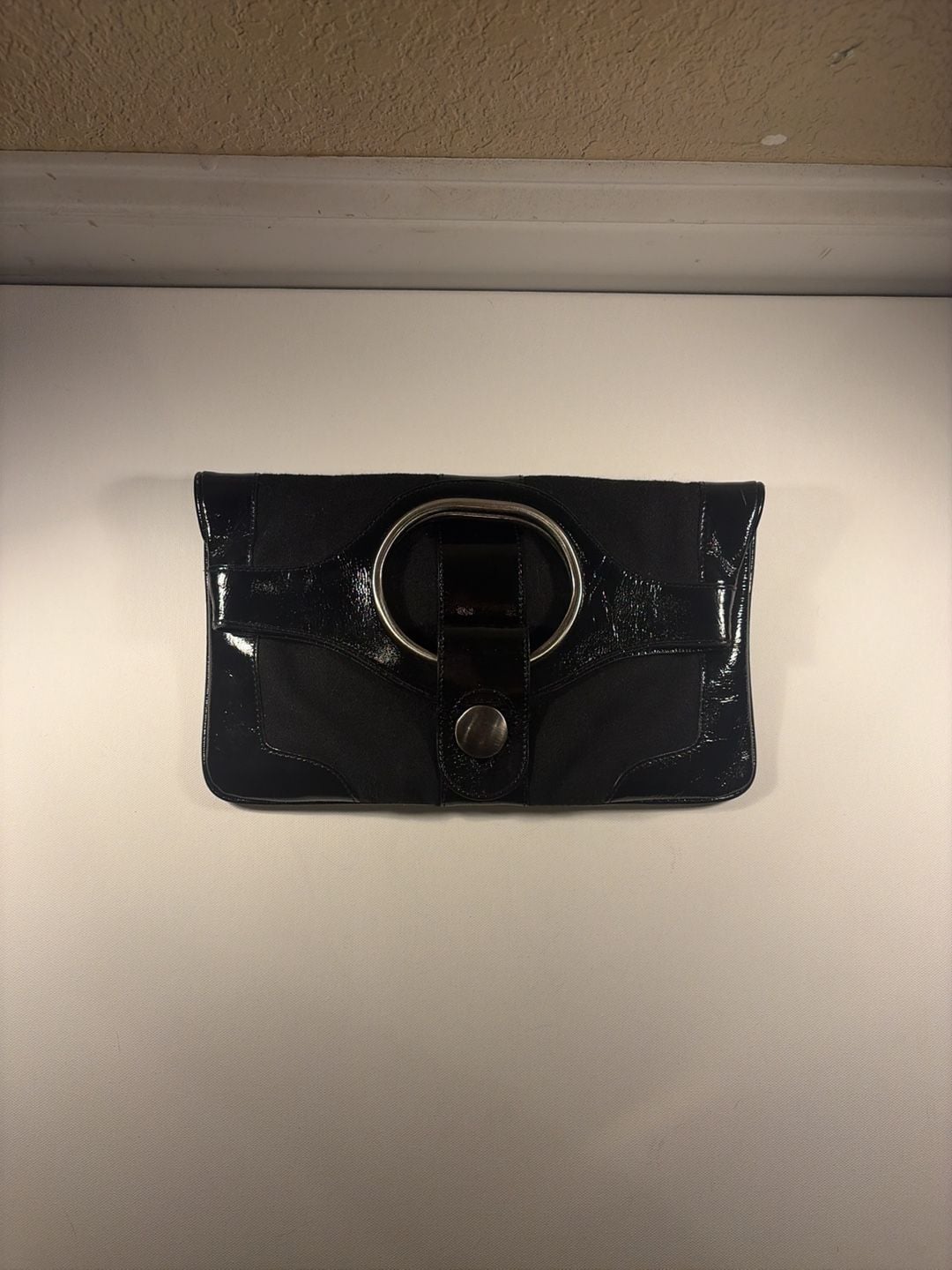 Hobo International Black Patent Leather and Fabric Foldover Clutch 2