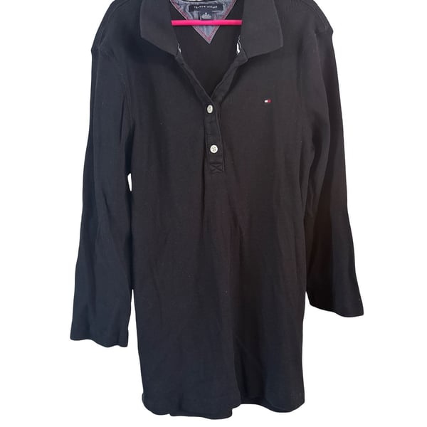 Tommy Hilfiger Ribbed Polo Size M Black 3/4 Sleeve