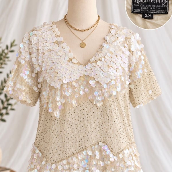 Royal Feelings Silk Sequin Beaded Blouse Vintage 80s 2X Ivory Iridescent