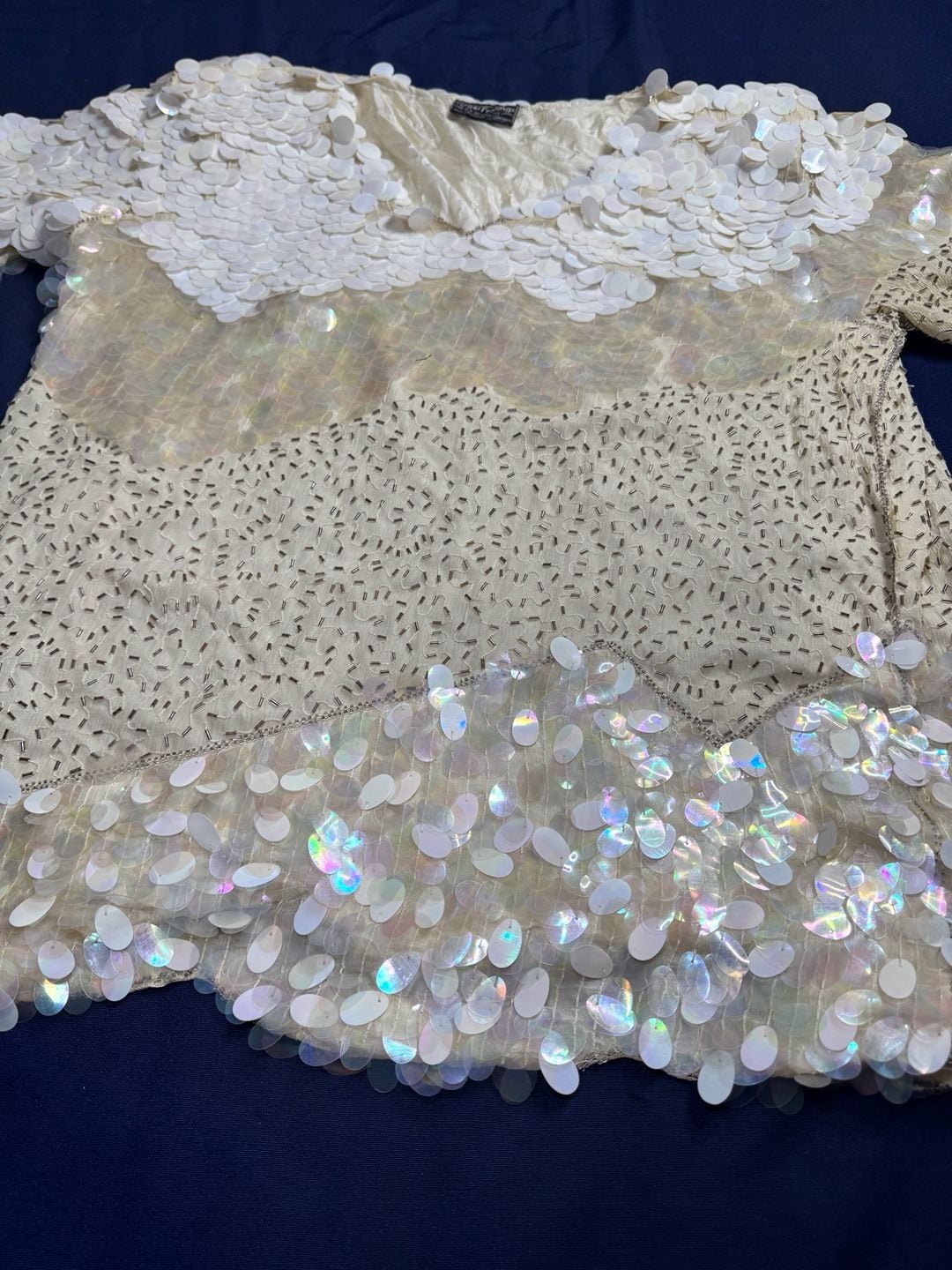 Royal Feelings Silk Sequin Beaded Blouse Vintage 80s 2X Ivory Iridescent 9