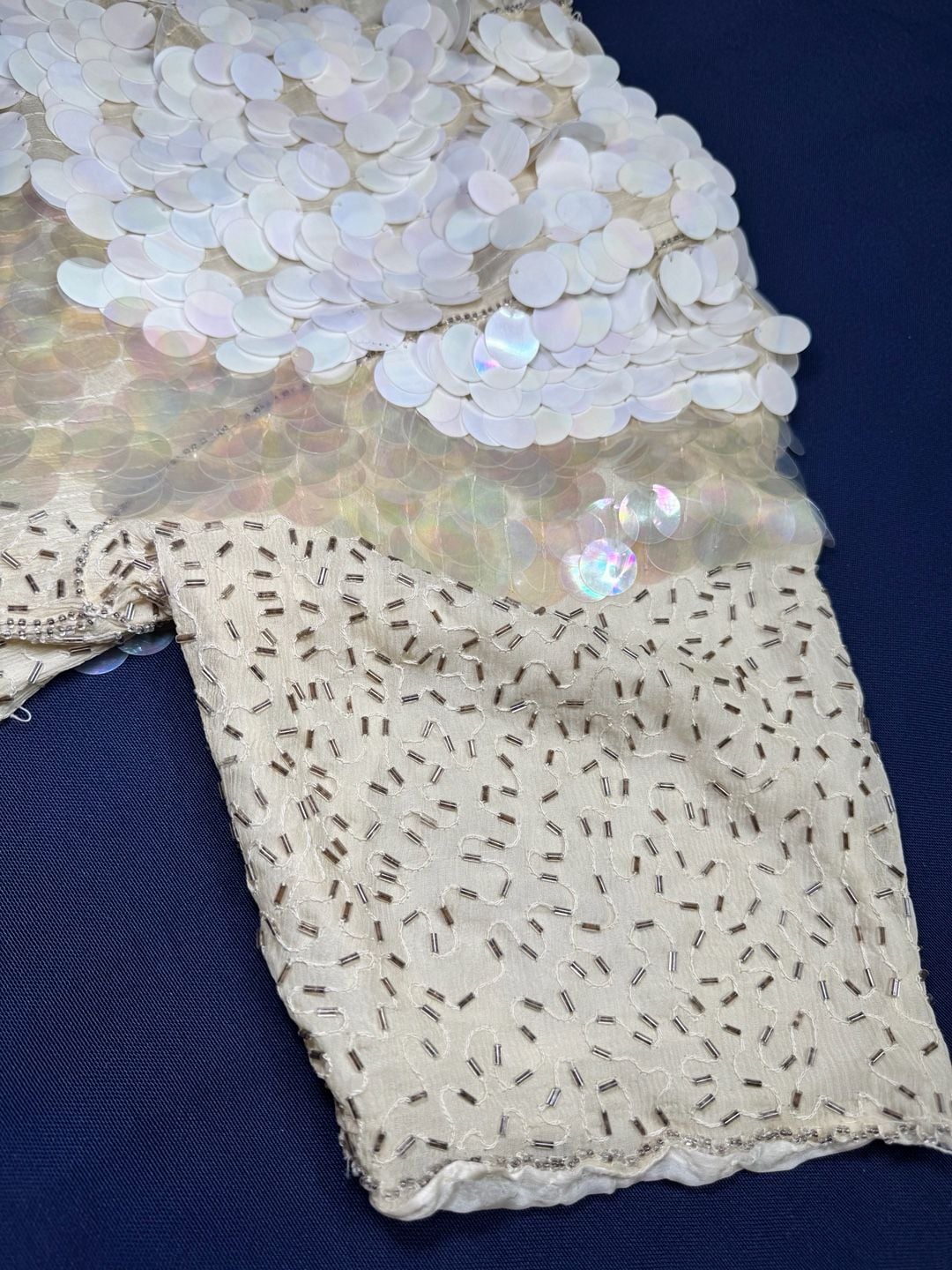 Royal Feelings Silk Sequin Beaded Blouse Vintage 80s 2X Ivory Iridescent 10