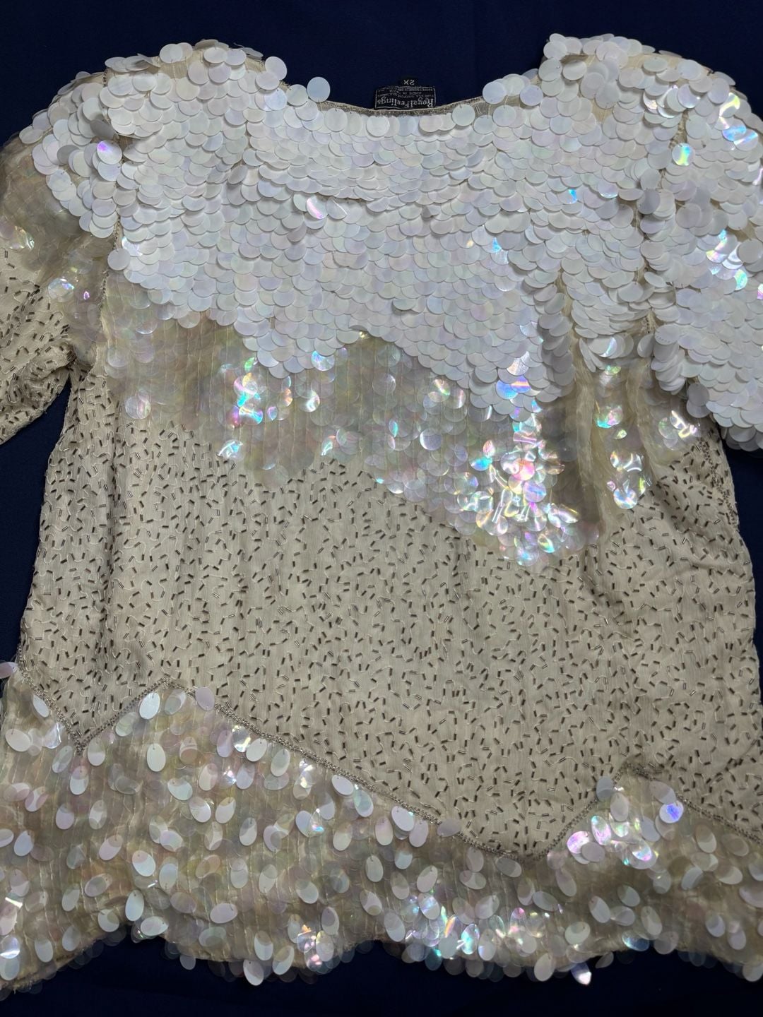 Royal Feelings Silk Sequin Beaded Blouse Vintage 80s 2X Ivory Iridescent 12