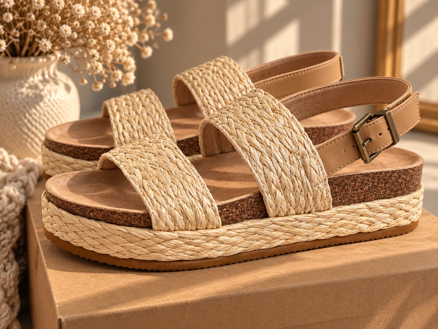 Marc Ford Raffia Platform Wedge Sandals Beige 2
