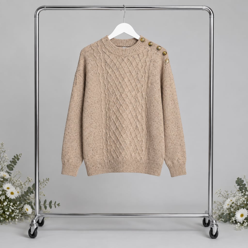 FRYE Cable Knit Sweater Size L Pink Speckled Shoulder Buttons 2