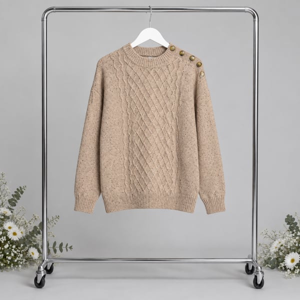 FRYE Cable Knit Sweater Size L Pink Speckled Shoulder Buttons