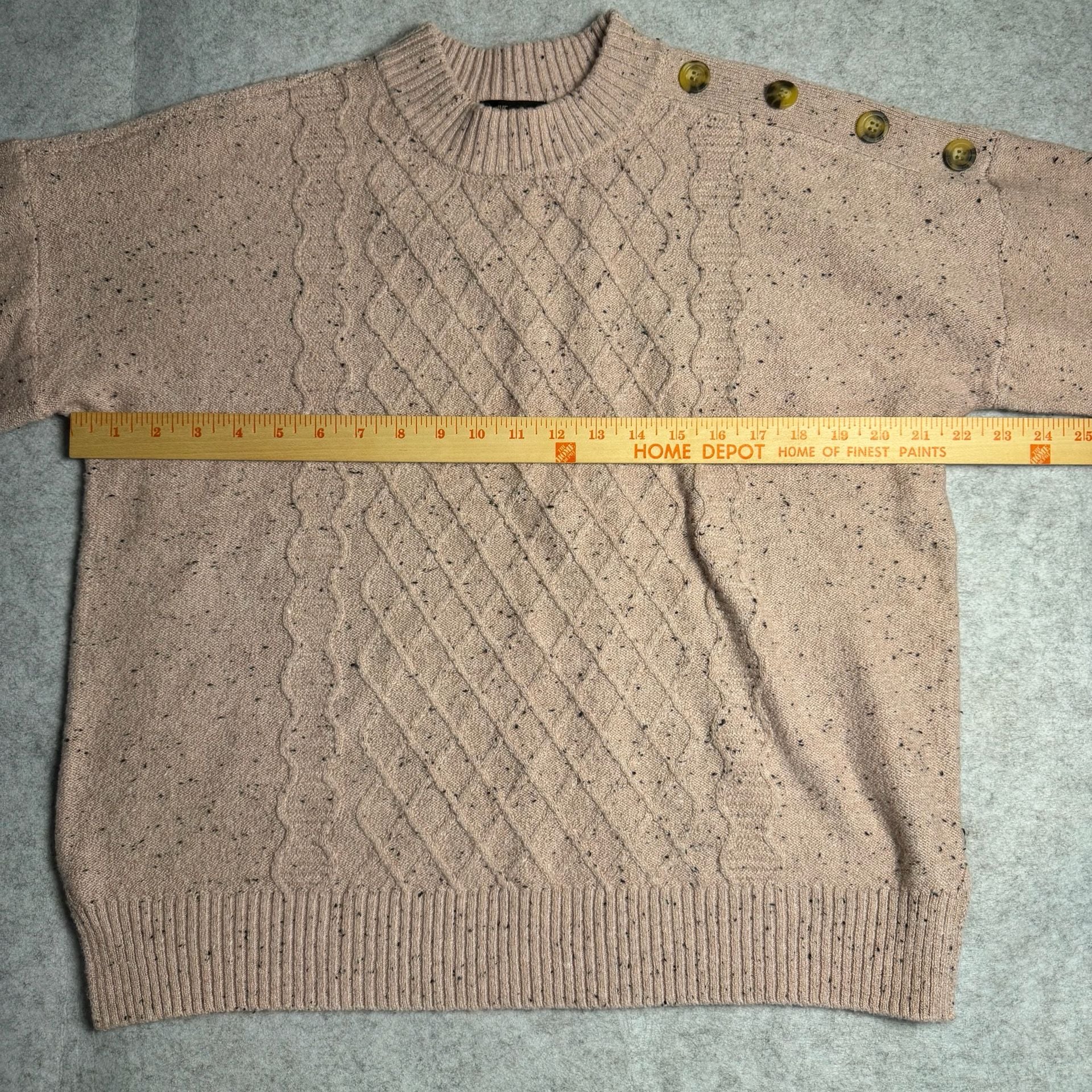FRYE Cable Knit Sweater Size L Pink Speckled Shoulder Buttons 3