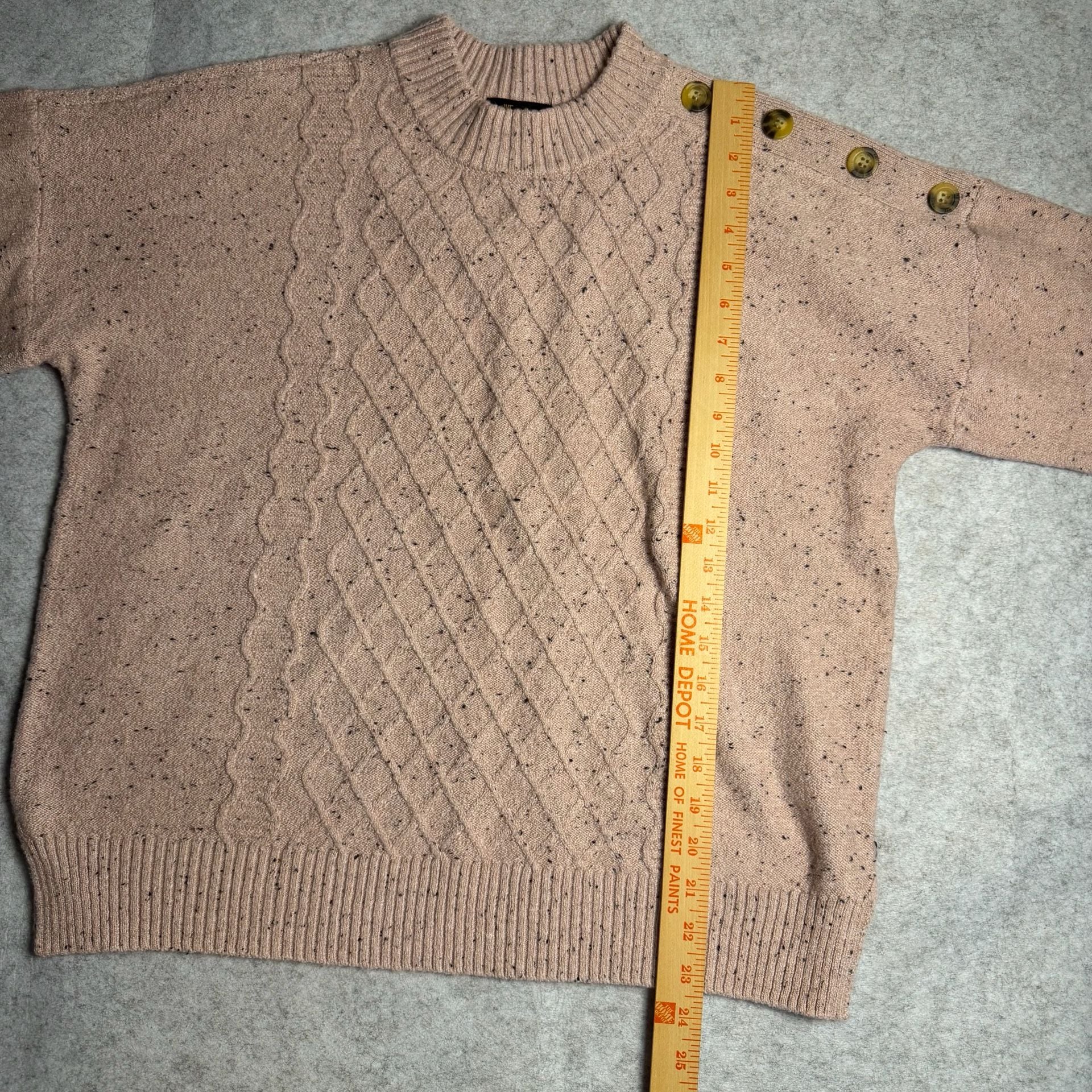 FRYE Cable Knit Sweater Size L Pink Speckled Shoulder Buttons 4