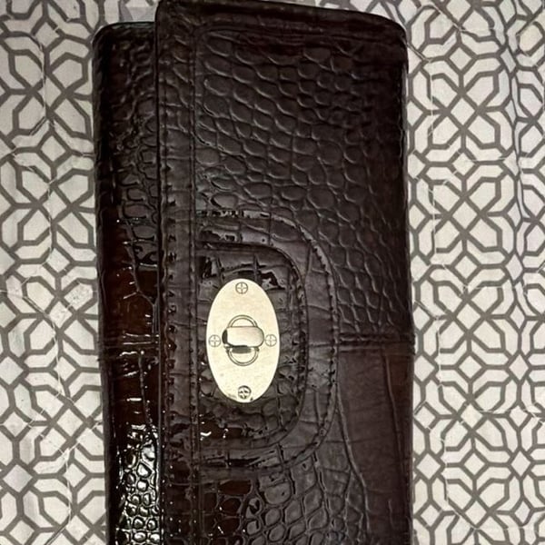 New Directions Brown Croc Embossed Patent Leather Flap Wallet