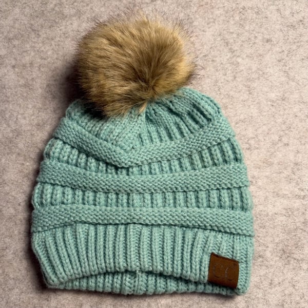 C.C Exclusives Faux Fur Pom Pom Cable Knit Beanie Mint