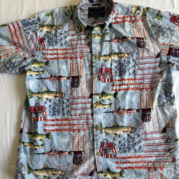 North River Fishing Shirt Size XL Blue Trout Print Short Sleeve campcore