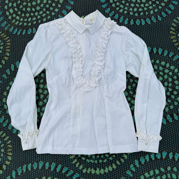 Vintage Ruffled Blouse Size 36 White Long Sleeve Shirt