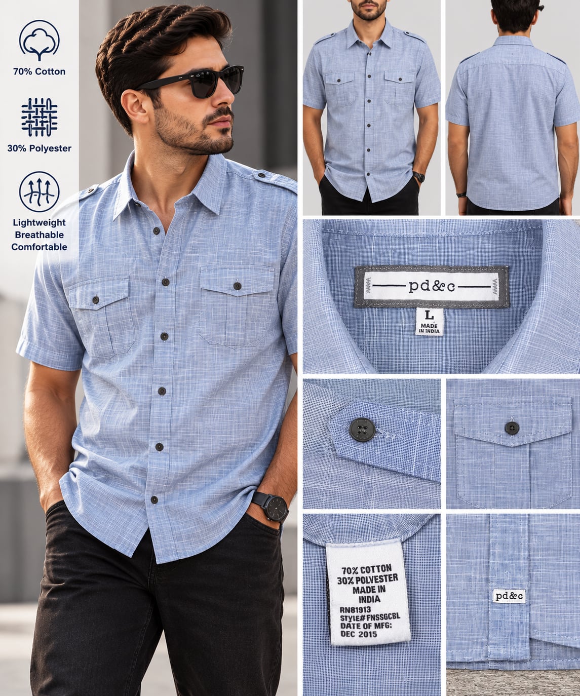 pd&c Button Up Shirt Size L Blue Short Sleeve Casual Pocket Epaulets 2