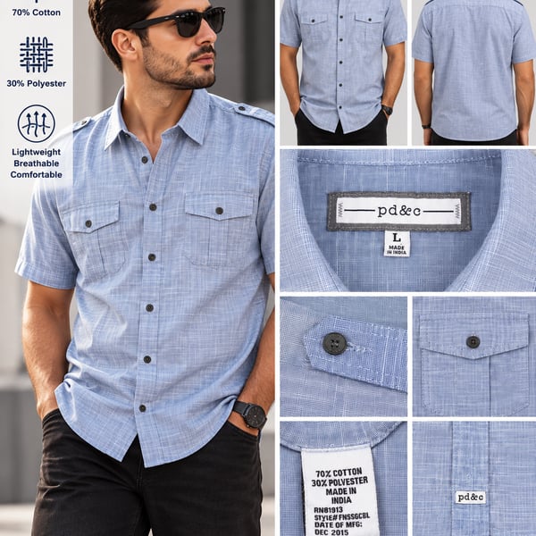 pd&c Button Up Shirt Size L Blue Short Sleeve Casual Pocket Epaulets