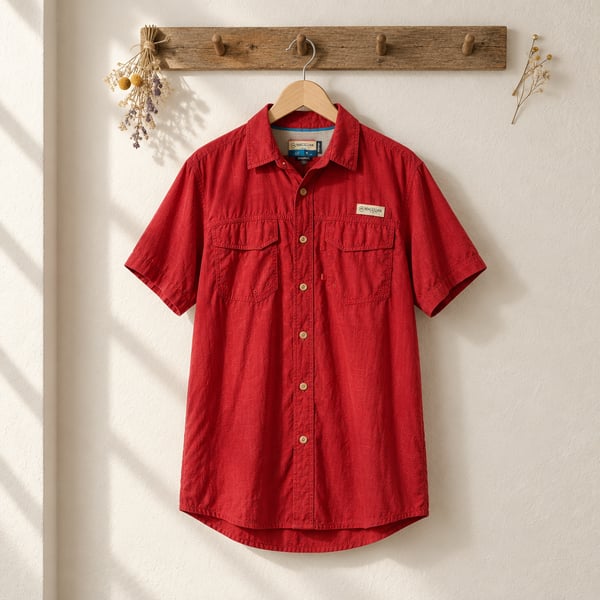 Magellan Outdoors Fish Gear Short Sleeve Button Up Shirt Size M Red Angler Fit