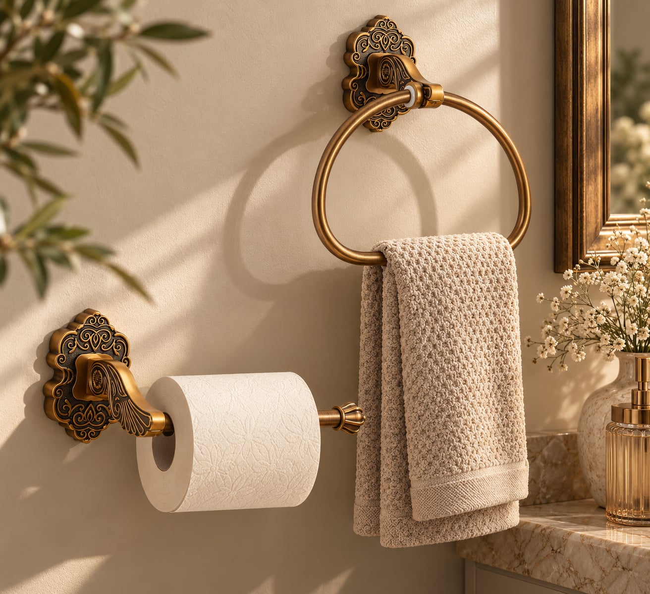 Antique gold Bathroom Hardware Set Towel Ring Toilet Paper Holder 1