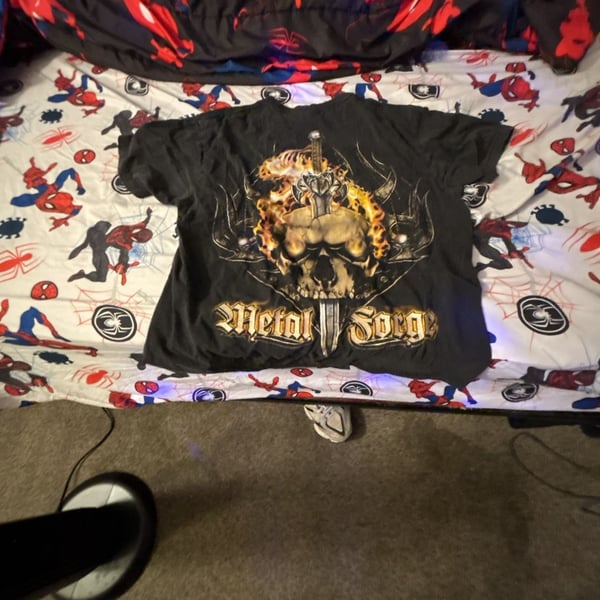 U-Top Metal Forge Graphic T-Shirt Size L Black Skull Sword Flames