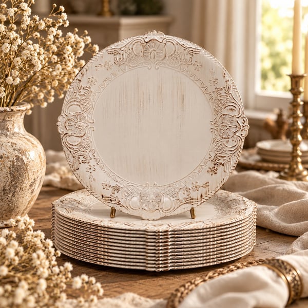 Antique White Round 13 Inch Charger Plates Embossed