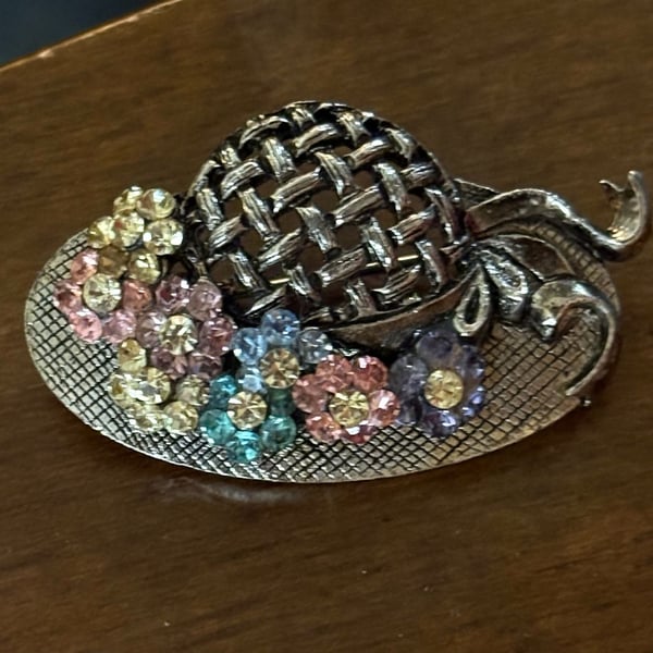 Vintage Rom Rhinestone Hat Brooch Silver Tone Multi Color Crystal Flowers
