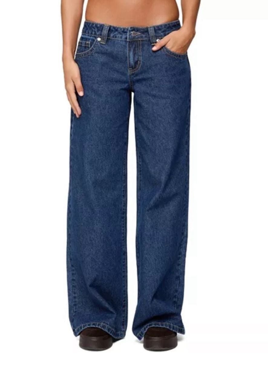 NEW Edikted Raiyne Low Rise Wide Leg Jeans Dark Blue Size L 3