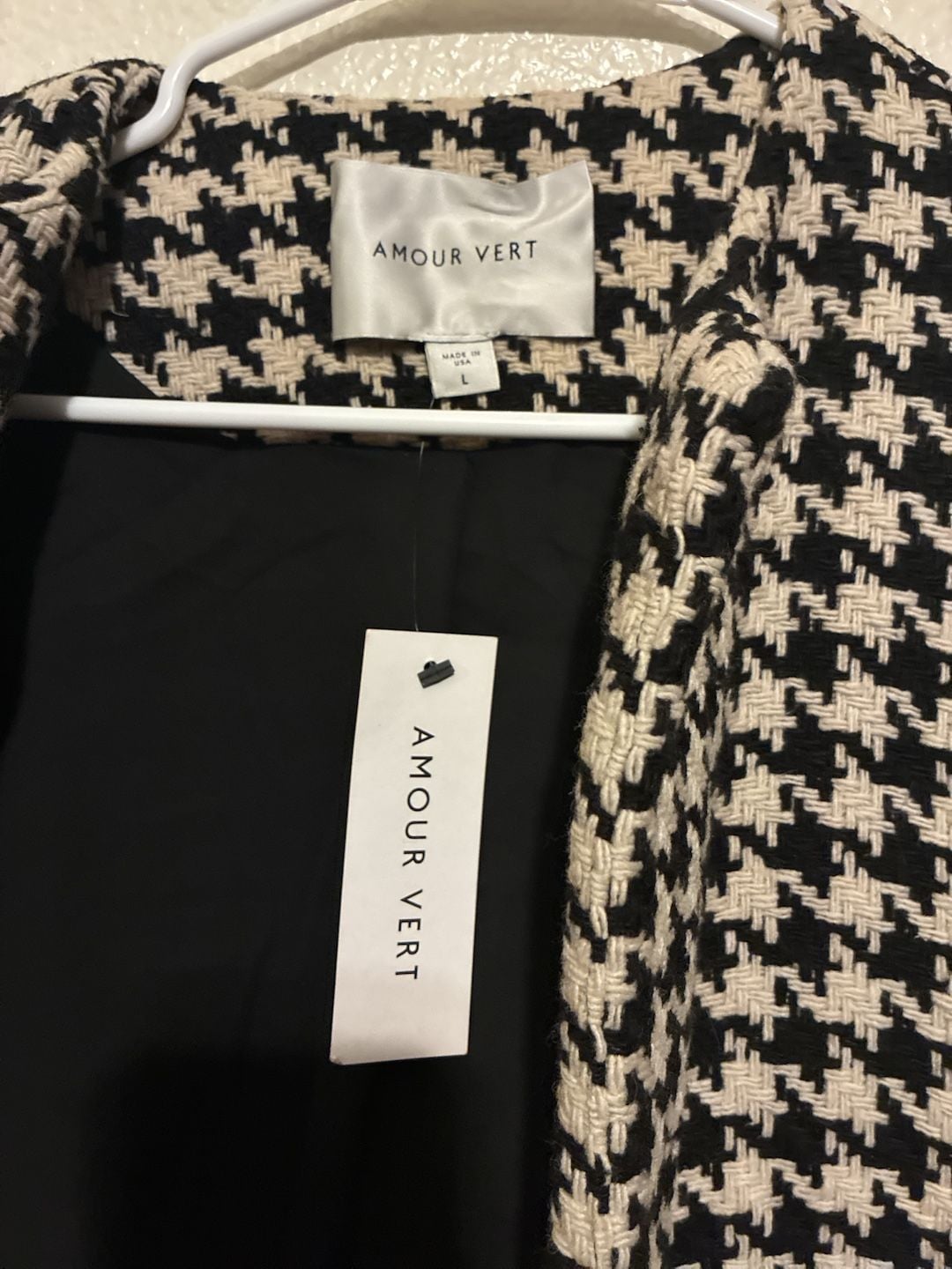 Amour Vert Claudia Upcycled Houndstooth Jacket Size L Black White 3