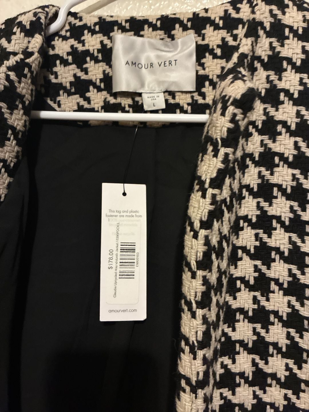 Amour Vert Claudia Upcycled Houndstooth Jacket Size L Black White 4