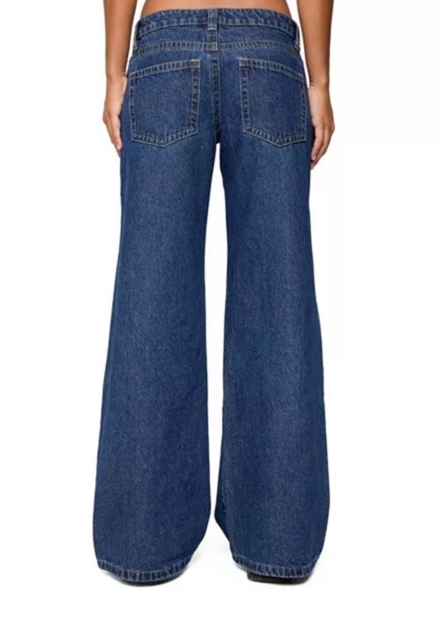 NEW Edikted Raiyne Low Rise Wide Leg Jeans Dark Blue Size L 4