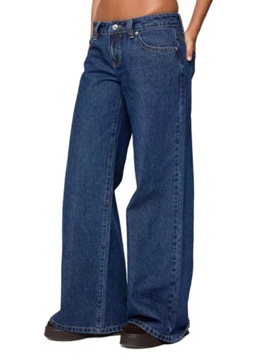 NEW Edikted Raiyne Low Rise Wide Leg Jeans Dark Blue Size L 5