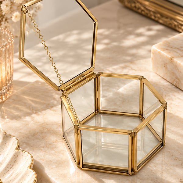 Hexagon Geometric Gold Clear Glass Jewelry Box