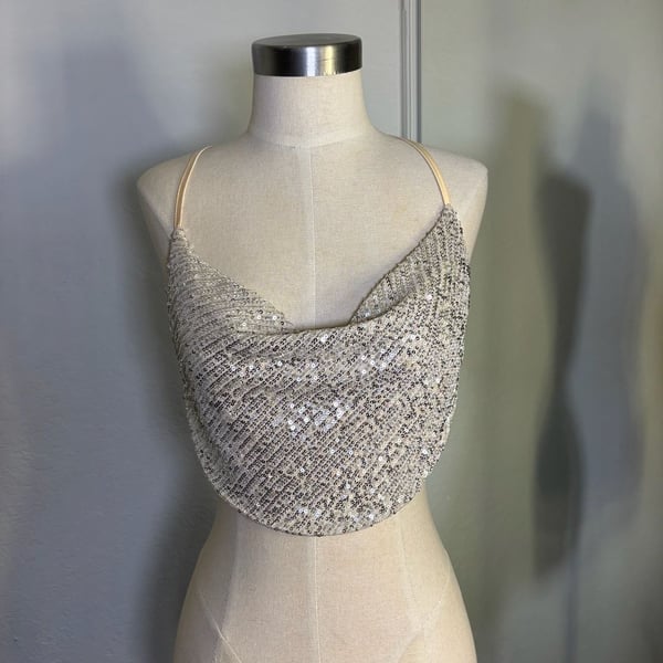 Cowl Neck Sequin Crop Top Silver Party Festival Halter