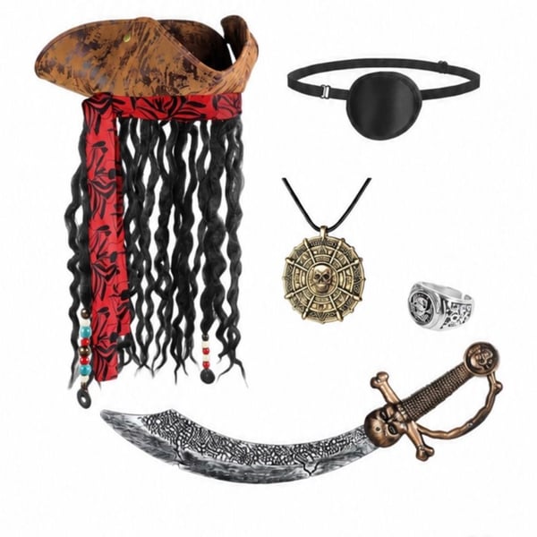 Pirate Costume Accessory Set Hat With Dreads Eyepatch Sword Ring